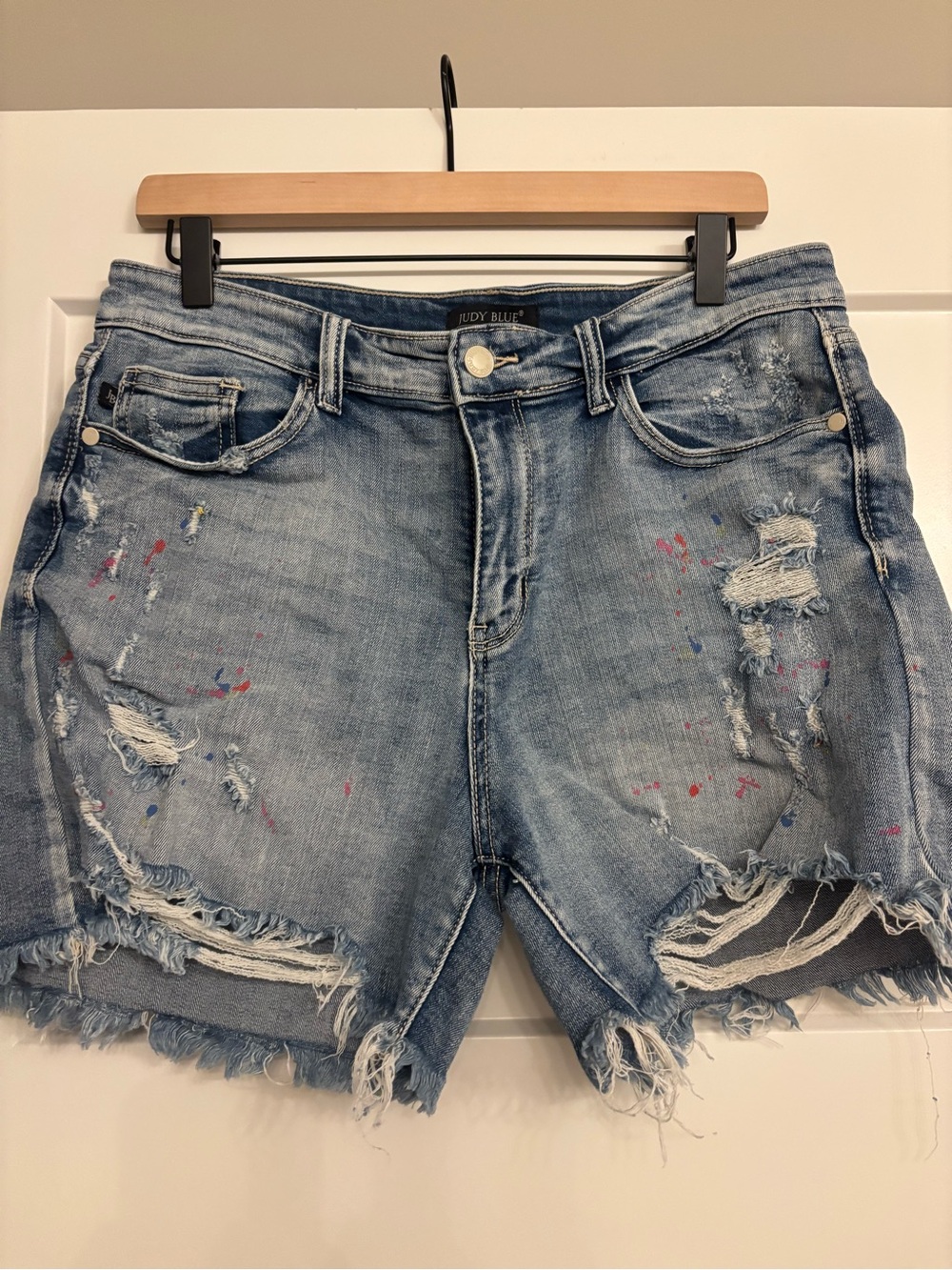 Judy Blue Light Blue Distressed Paint-Splatter Denim Shorts